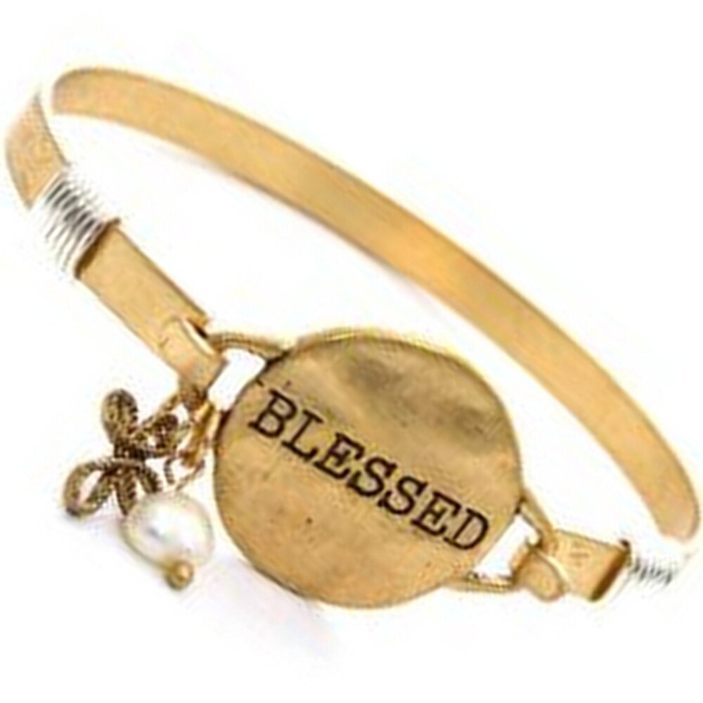 Womens Ladies Goldtone BLESSED Pearl Cross Charm Slim Fashion Oval Bracelet